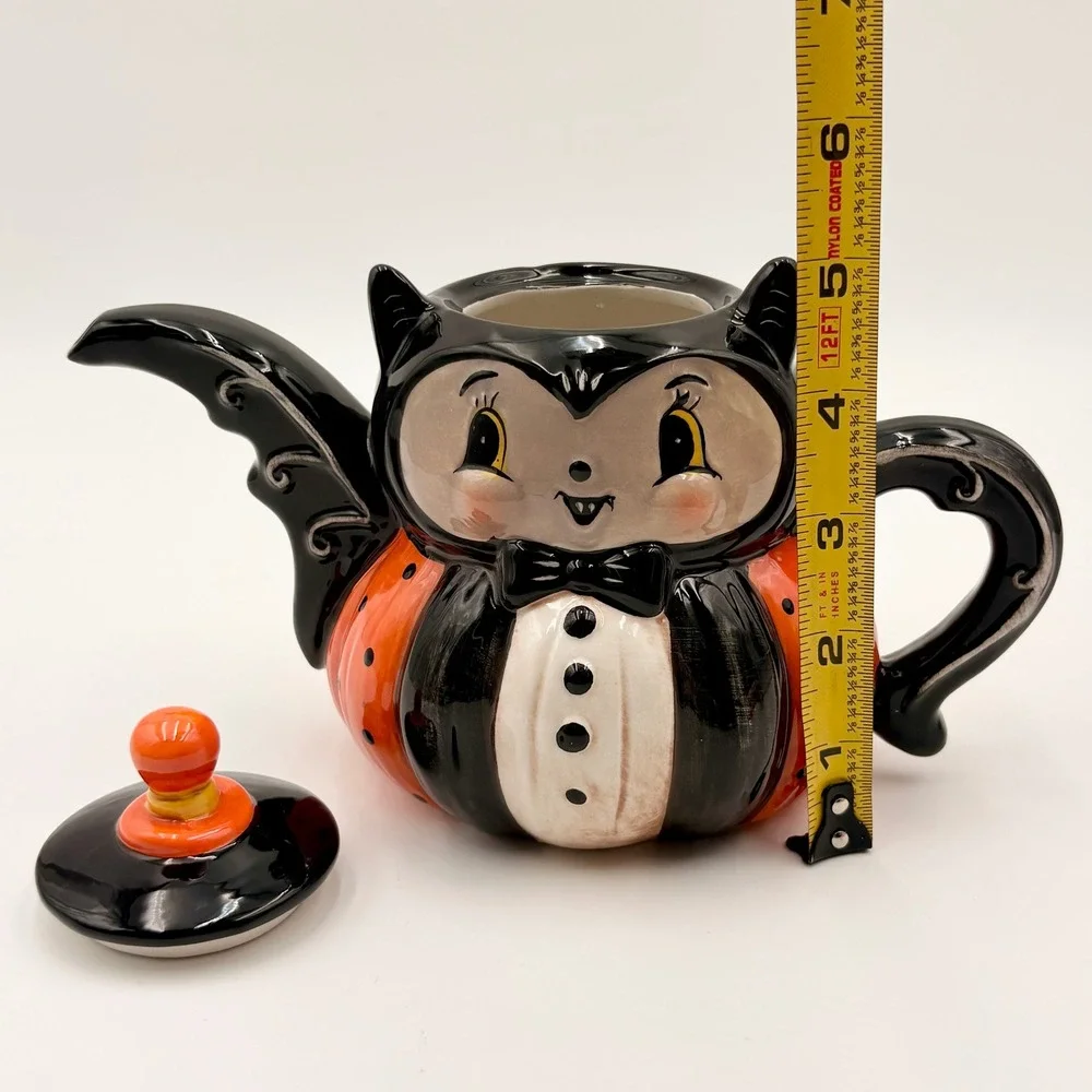 Johanna Parker Halloween Vampire Bat Pumpkin Ceramic Teapot Vintage Style
